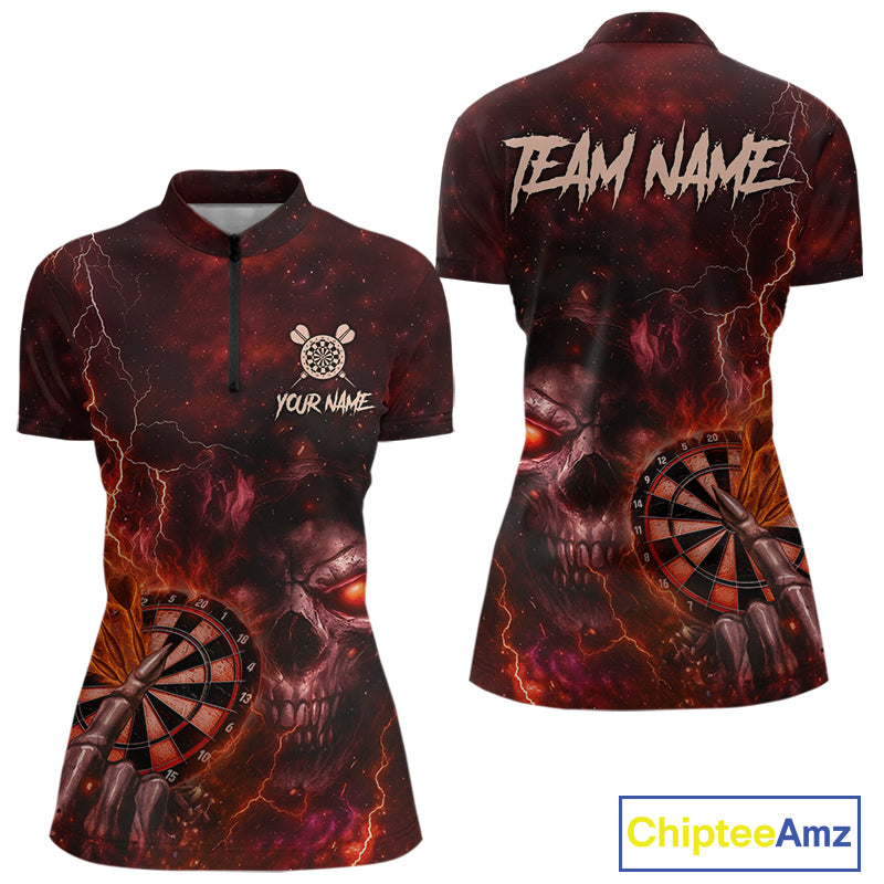 Custom Lightning Red Grim Reaper Flaming Dart 1/4-Zip Shirt For Women Dart Tournament Jersey NYN1480