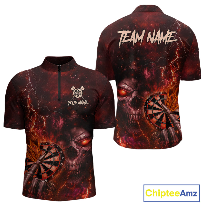 Custom Lightning Red Grim Reaper Flaming Dart 1/4-Zip Shirt For Men Dart Tournament Jersey NYN1480