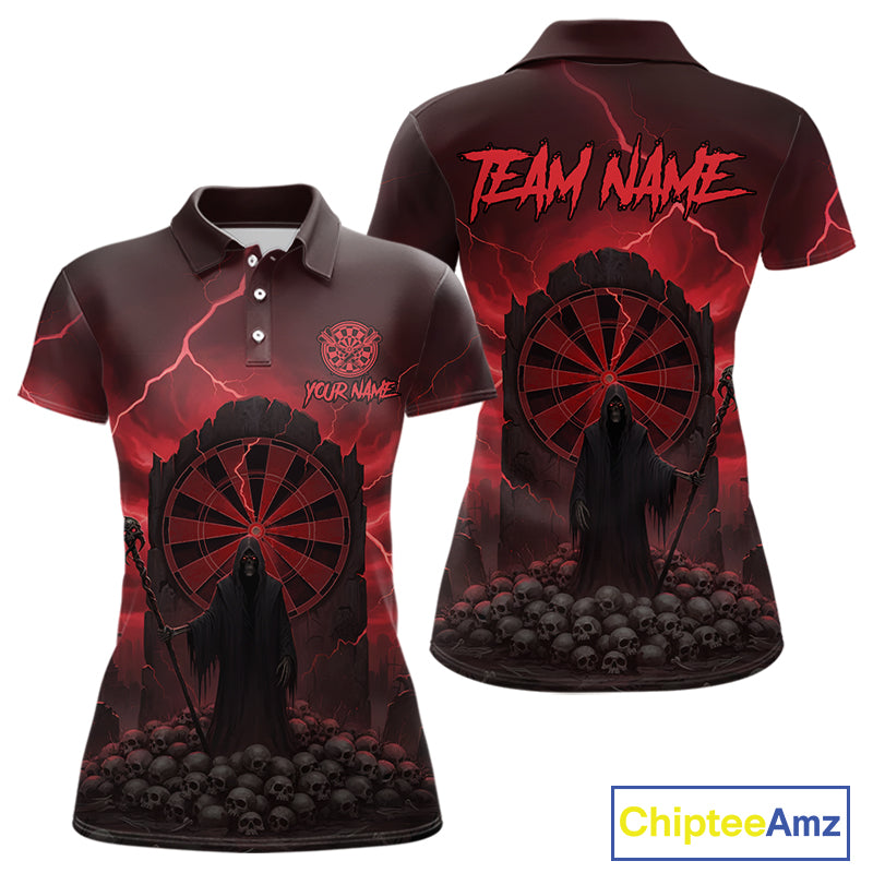 Custom Multi-Skull Lightning Red Dartboard Dart Women Polo Jerseys Grim Reaper Dart Shirts NYN1736