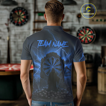 Custom Multi-Skull Lightning Blue Dartboard Dart Men Polo Jerseys Grim Reaper Dart Shirts NYN1738