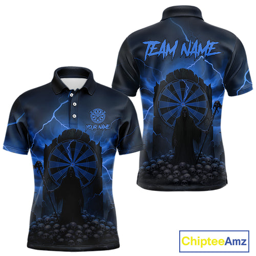 Custom Multi-Skull Lightning Blue Dartboard Dart Men Polo Jerseys Grim Reaper Dart Shirts NYN1738