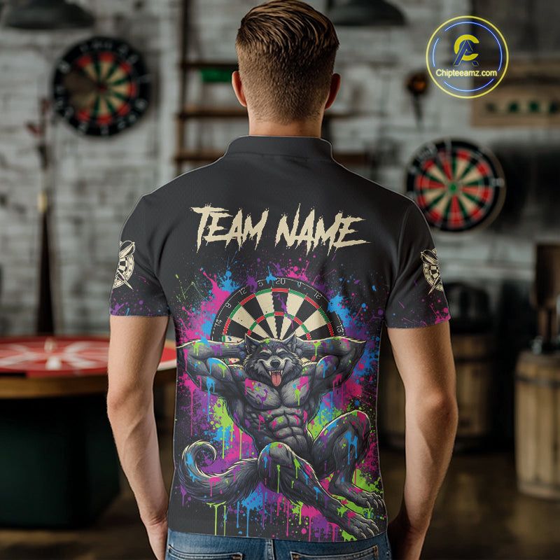 Colorful Splatter Funny Wolf Dartboard Custom Darts Polo Shirt For Men Dart Team Gifts NYN2001
