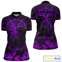 Load image into Gallery viewer, Custom Purple Flaming Dinosaurs Dartboard Quarter-Zip Dart Shirt For Women Dinosaur Dart Jerseys NYN2006