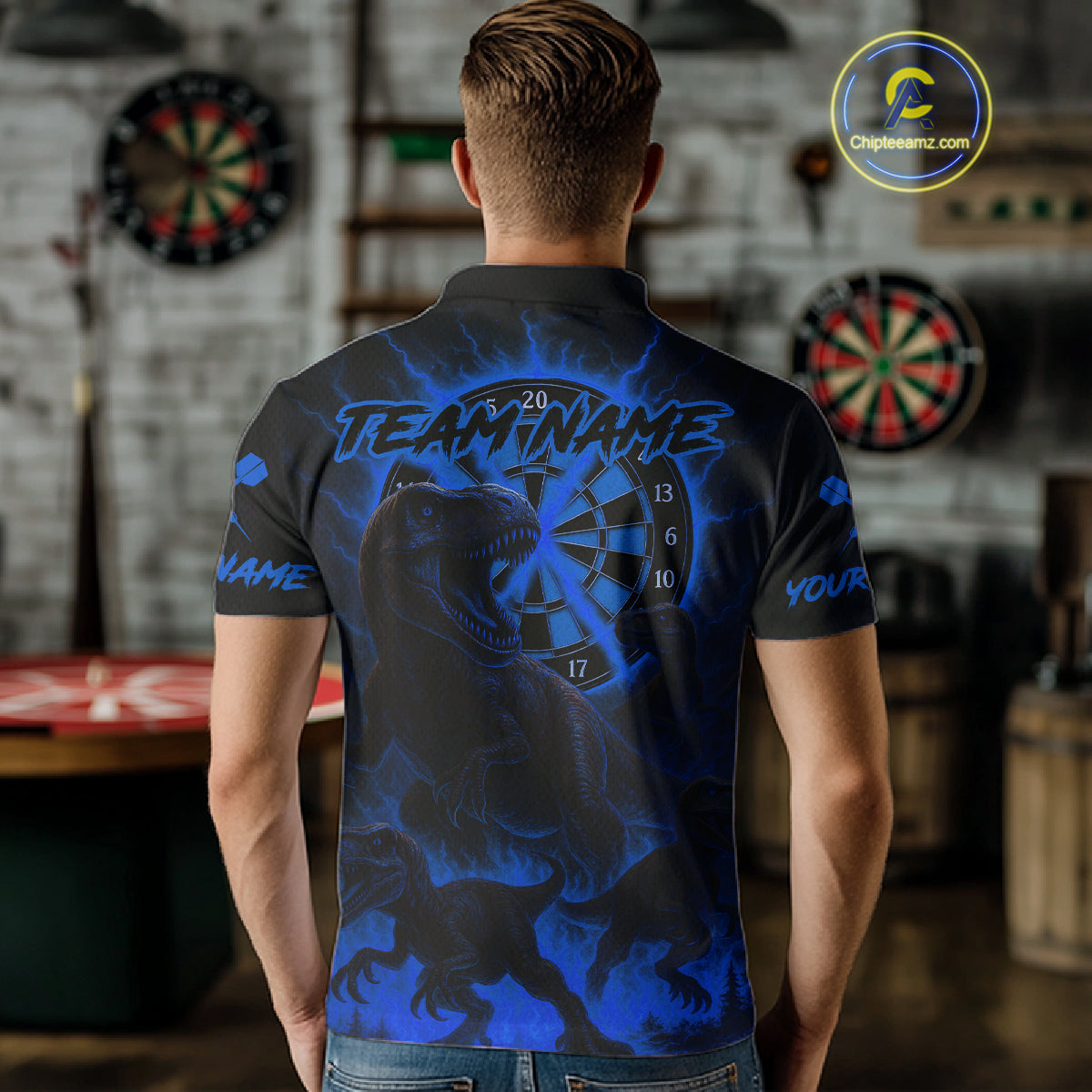 Custom Blue Flaming Dinosaurs Dartboard Polo Dart Shirt For Men Dinosaur Dart Jerseys NYN2007