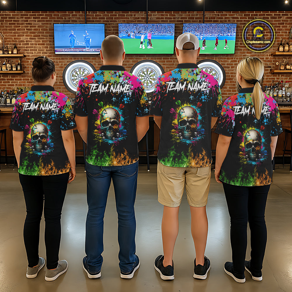 Custom Colorful Skull Dart Arrow Fire Flame Men Darts Quarter-Zip League Shirts Dart Jerseys NYN2242