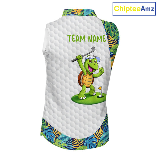 Golfing Turtle Womens Sleeveless Golf Polo Shirt Custom Tropical Pattern Monstera Golf Team Shirts NYN2907