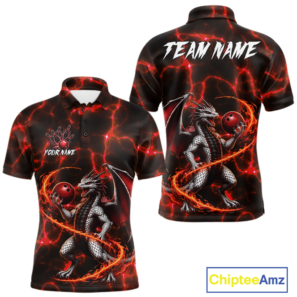 Thunder Lightning Dragon Bowling Shirt For Men Custom Fire Flame Bowling Team Outfits