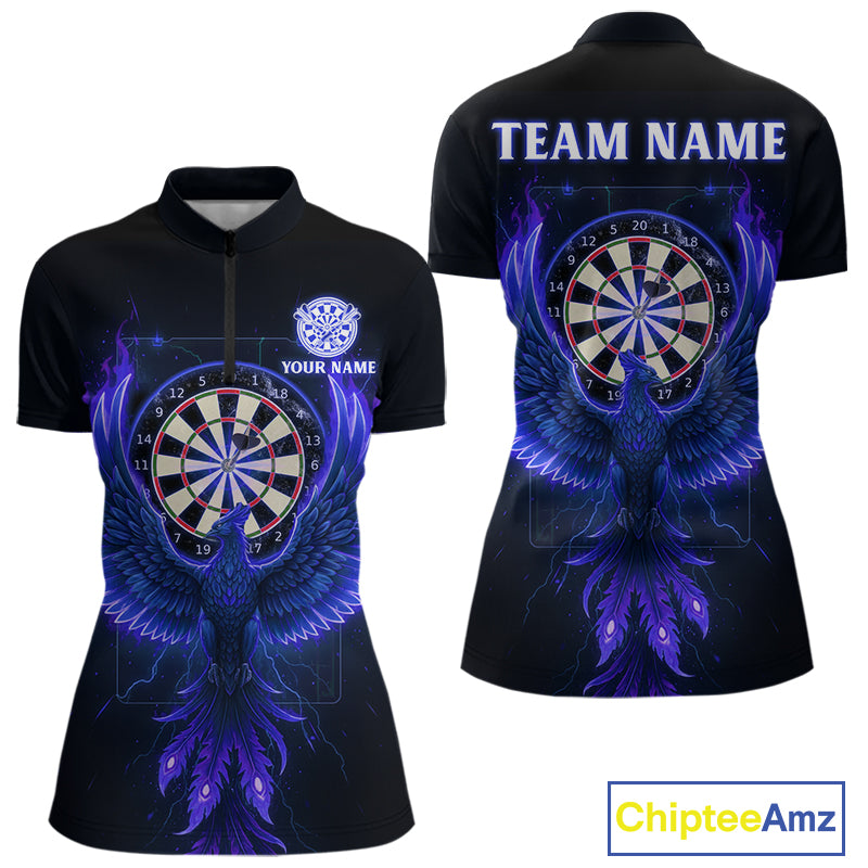 Custom Funny Flame Phoenix Blue Dartboard Dart Women Quarter-Zip Jerseys Outfits Dart Shirts NYN1745