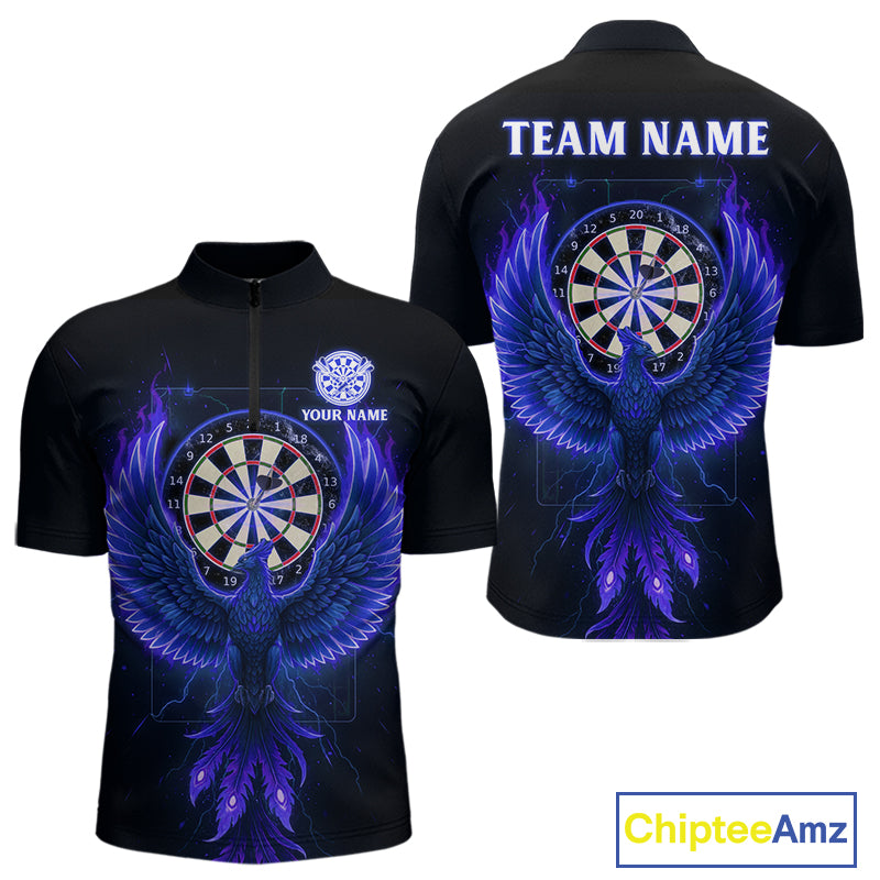 Custom Funny Flame Phoenix Blue Dartboard Dart Men Quarter-Zip Jerseys Outfits Dart Shirts NYN1745