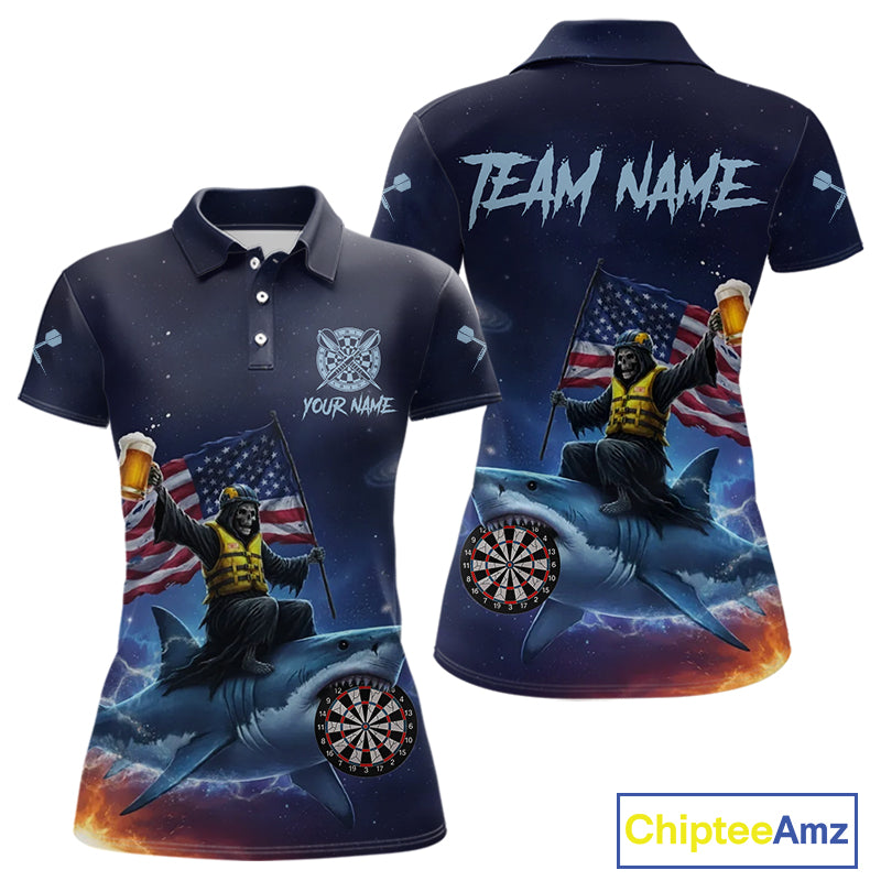 Funny Shark & Skull US Flag Dartboard Custom Women Polo Darts Shirt Dart Jersey NYN2020
