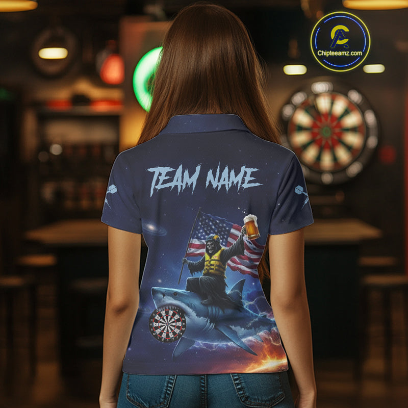 Funny Shark & Skull US Flag Dartboard Custom Women Polo Darts Shirt Dart Jersey NYN2020