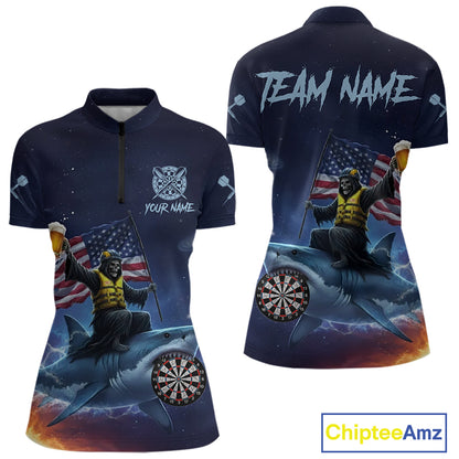 Funny Shark & Skull US Flag Dartboard Custom Women Quarter-Zip Darts Shirt Dart Jersey NYN2020