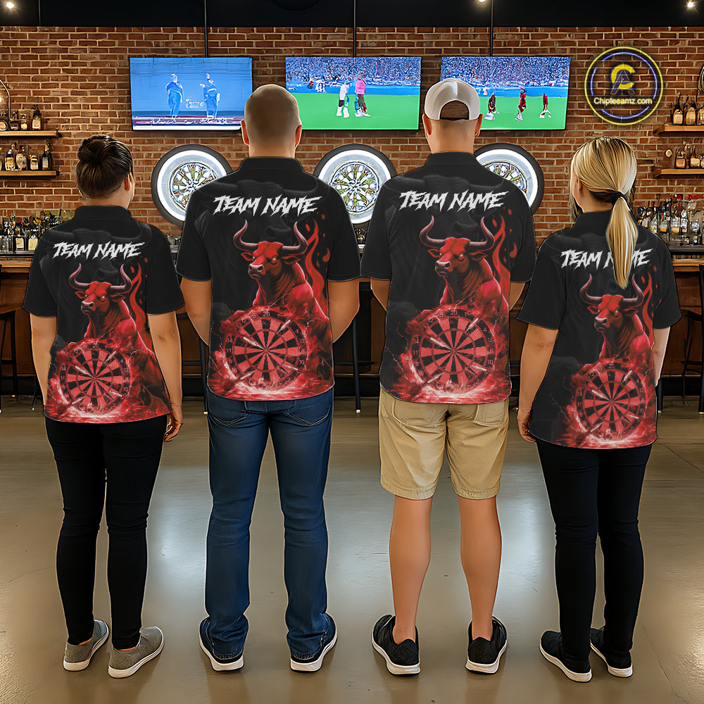 Red Funny Bull Fire Flame Dartboard Custom Men Darts Polo League Shirts Dart Jerseys NYN2244