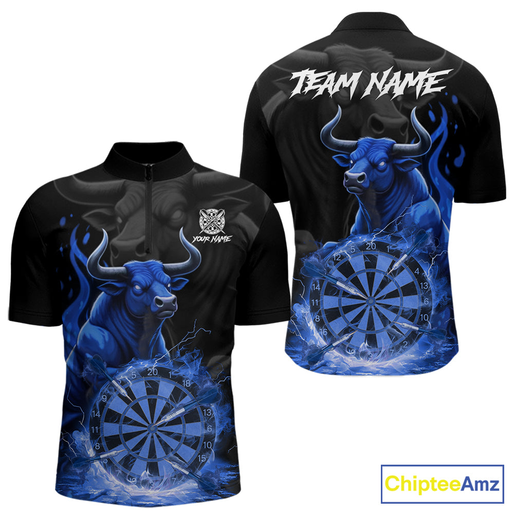Blue Funny Bull Fire Flame Dartboard Custom Men Darts Quarter-Zip League Shirts Dart Jerseys NYN2245