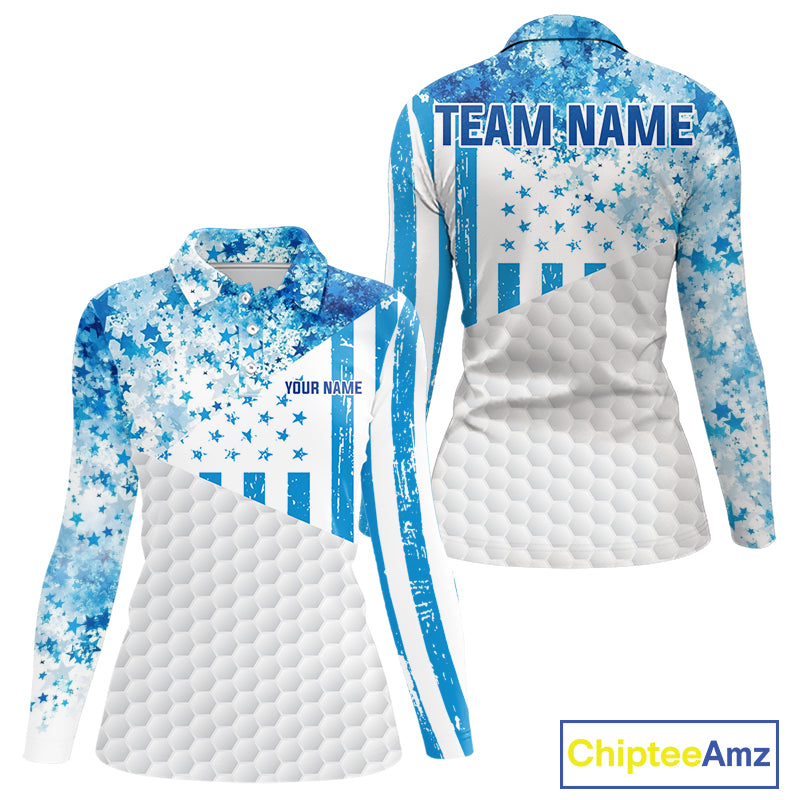 White And Blue American Flag Golf Polos Shirts For Women Custom Patriotic Womens Golf Attire NYN2913