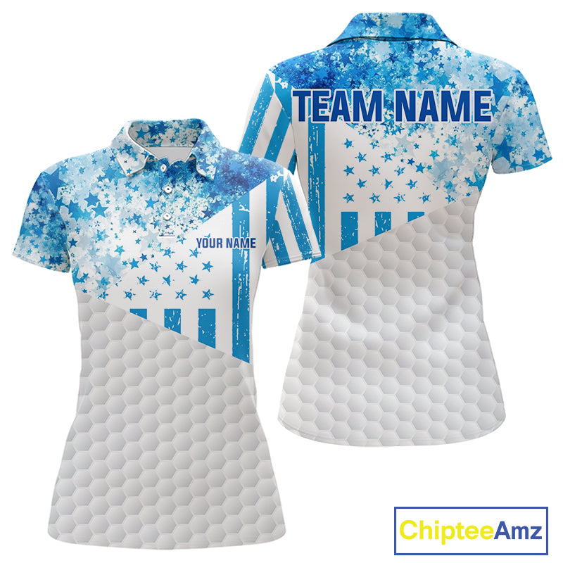 White And Blue American Flag Golf Polos Shirts For Women Custom Patriotic Womens Golf Attire NYN2913