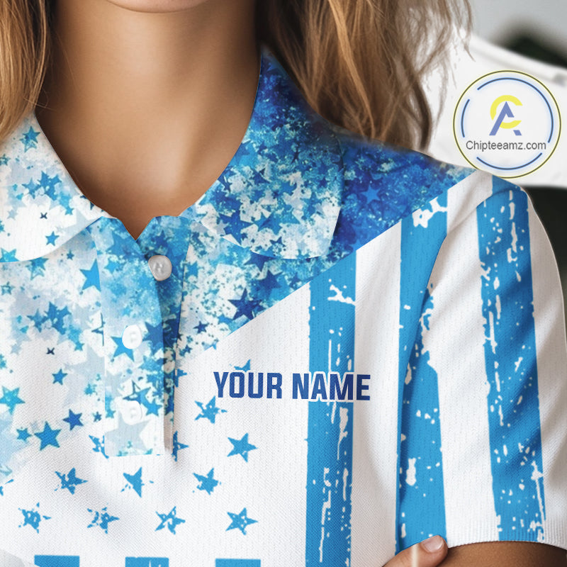 White And Blue American Flag Golf Polos Shirts For Women Custom Patriotic Womens Golf Attire NYN2913