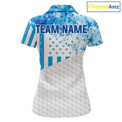 White And Blue American Flag Golf Polos Shirts For Women Custom Patriotic Womens Golf Attire NYN2913