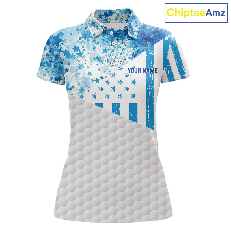 White And Blue American Flag Golf Polos Shirts For Women Custom Patriotic Womens Golf Attire NYN2913