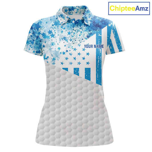 White And Blue American Flag Golf Polos Shirts For Women Custom Patriotic Womens Golf Attire NYN2913