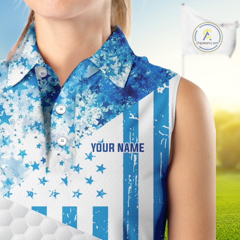 White And Blue American Flag Sleeveless Golf Polos Shirts For Women Custom Patriotic Golf Attire NYN2913