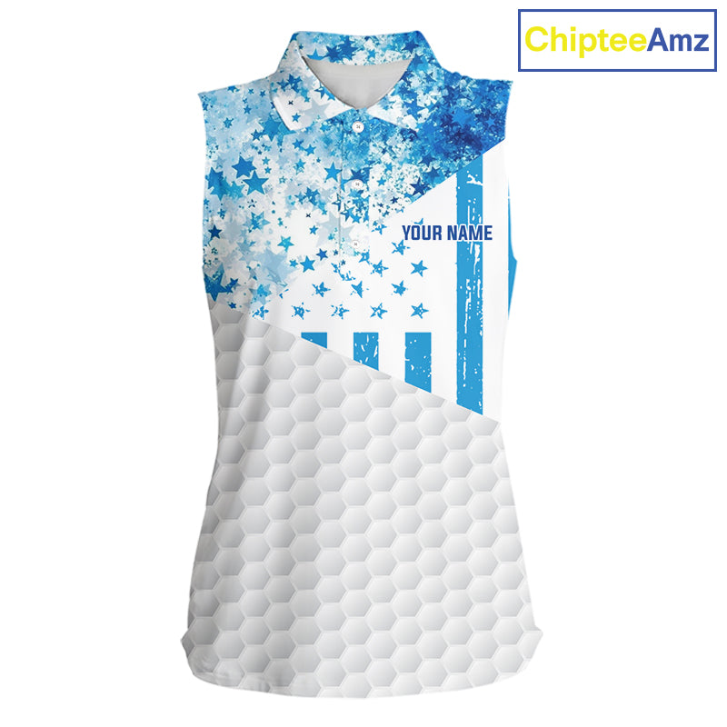 White And Blue American Flag Sleeveless Golf Polos Shirts For Women Custom Patriotic Golf Attire NYN2913