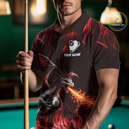 Custom Red Flaming Dragon 8 Ball Billiard Polo Shirts For Men, Dragon Billiard Pool Team Shirt NYN3291