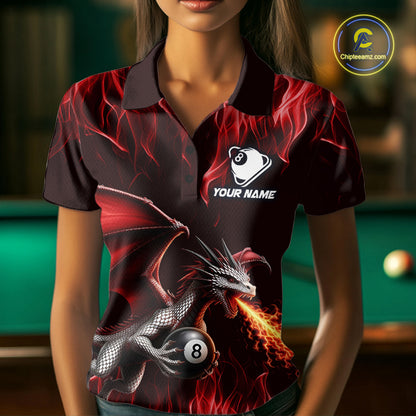 Custom Red Flaming Dragon 8 Ball Billiard Polo Shirts For Women, Dragon Billiard Pool Team Shirt NYN3291