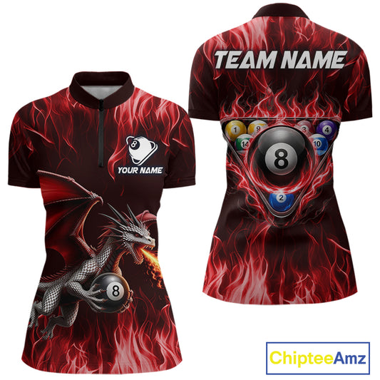 Red dragon 8 ball 1/4-zip polo shirt for women custom billiard team apparel