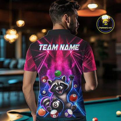 Funny Raccoon 8 Ball Pool Pink & Blue Smokes Mens Polo Shirts Custom Billiard Apparel, Billiard Gifts NYN3295