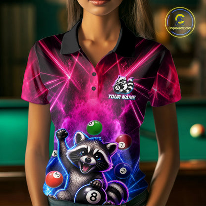 Funny Raccoon 8 Ball Pool Pink & Blue Smokes Women Polo Shirts Custom Billiard Apparel, Billiard Gifts NYN3295