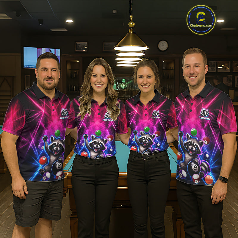 Funny Raccoon 8 Ball Pool Pink & Blue Smokes Mens Polo Shirts Custom Billiard Apparel, Billiard Gifts NYN3295