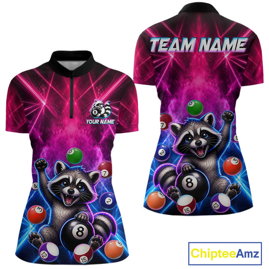 Funny raccoon 8 ball billiard 1/4-zip shirt with pink and blue smoke design
