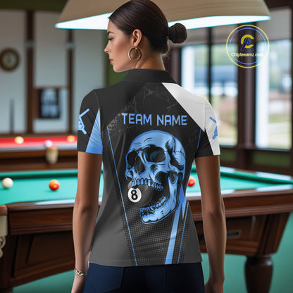 Black And Blue Grunge Skull 8 Ball Billiard Pool Shirts For Women Custom Skull Billiard Team Apparel NYN3299