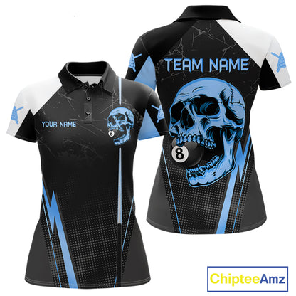 Black and blue skull 8 ball billiard polo pool shirt for women custom apparel