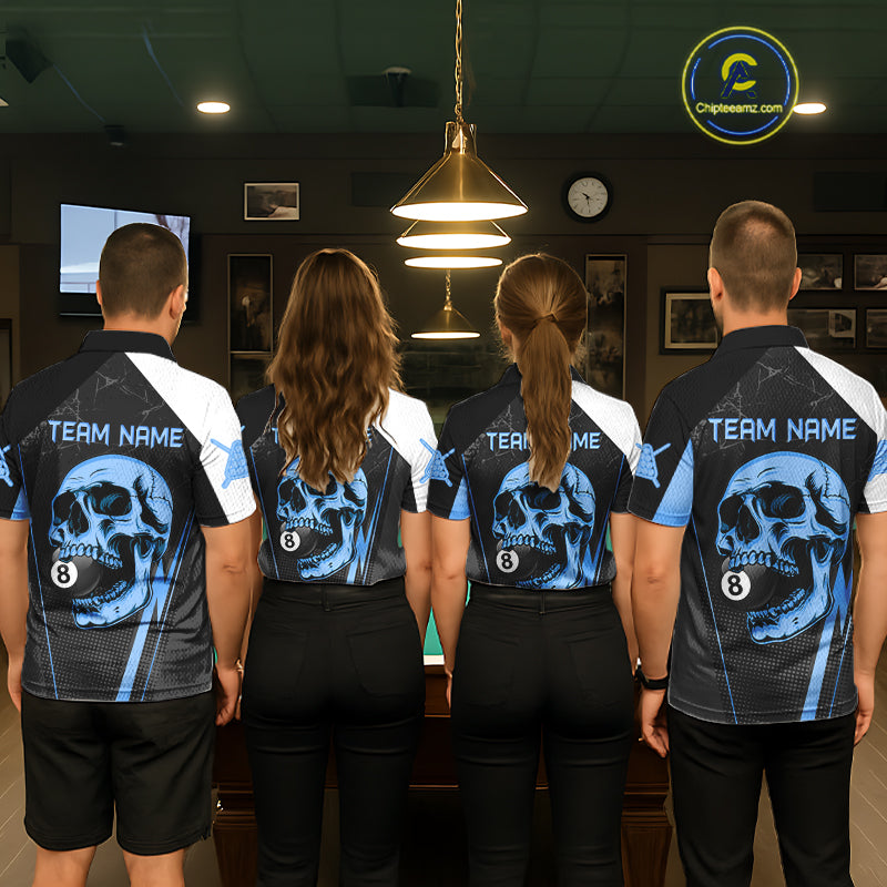 Black And Blue Grunge Skull 8 Ball Billiard Pool Shirts For Men Custom Skull Billiard Team Apparel NYN3299