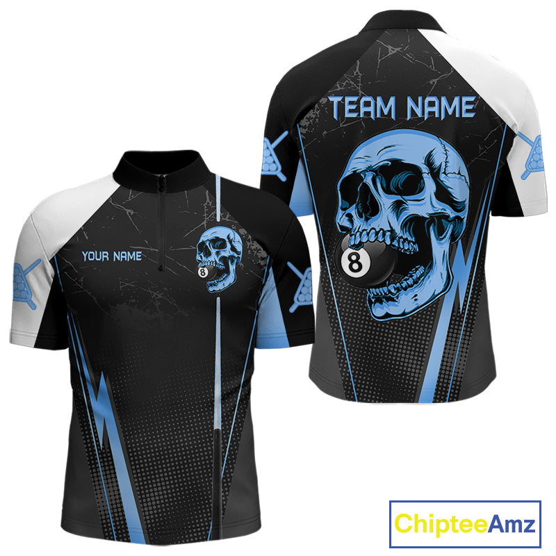 Black and blue skull 8 ball billiard pool shirt for men custom apparel