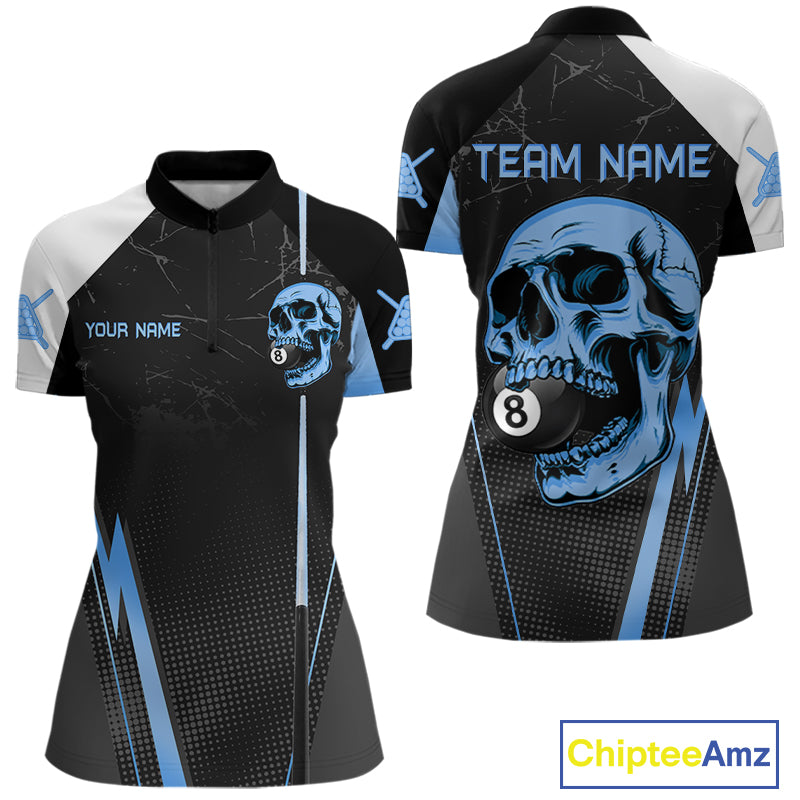 Black and blue skull 8 ball billiard pool 1/4-zip shirt for women custom apparel
