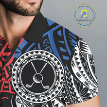 Load image into Gallery viewer, Male golfer wearing American flag tribal golf polo shirt, patriotic golf apparel, men's golf tournament outfit