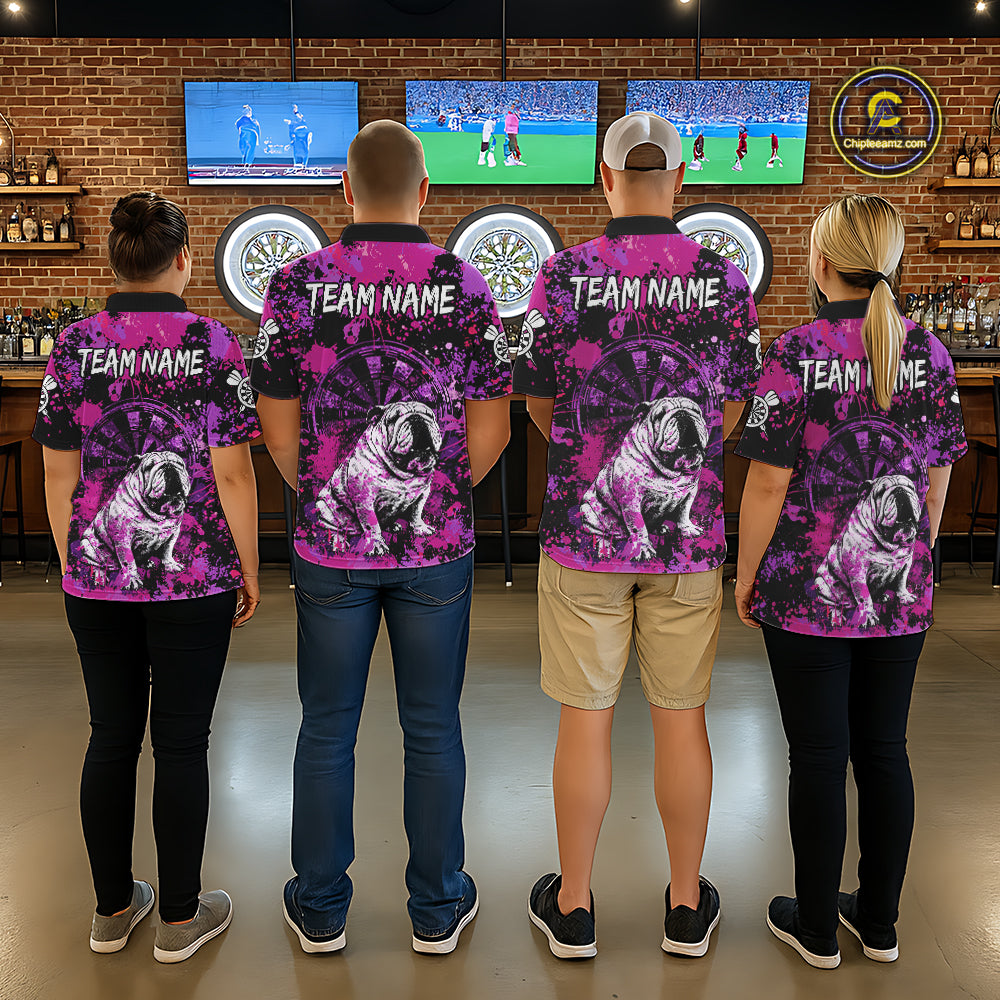 Custom Purple Splash Funny Bulldog Men Darts Quarter-Zip League Shirts Splatter Dart Team Jerseys NYN2254