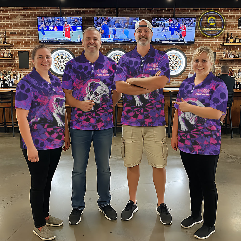 Pink & Purple Splatter Funny Lazy Bulldog Custom Women Darts Polo Shirts Dart League Jerseys NYN2256