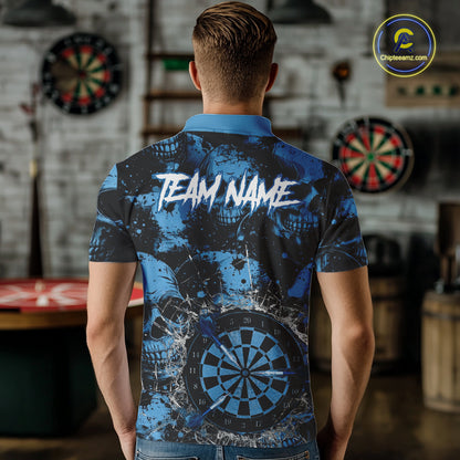 Blue Grunge Skull Cracked Glass Dartboard Custom Men Darts Polo Shirts Dart Team Jerseys NYN2258