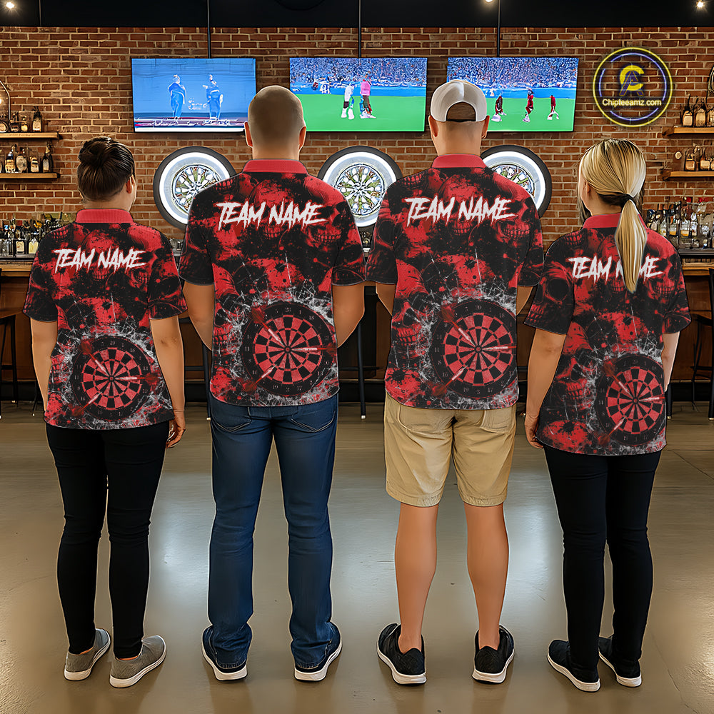 Red Grunge Skull Cracked Glass Dartboard Custom Women Darts Polo Shirts Dart Team Jerseys NYN2259