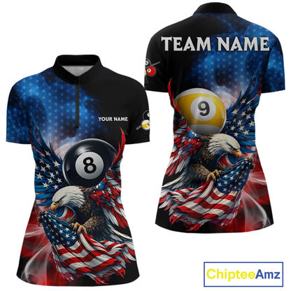 US Flag Eagle Pool 8 Ball & 9 Ball Women's Billiard Shirt Custom Freedom Patriotic Billiard Attire NYN2548