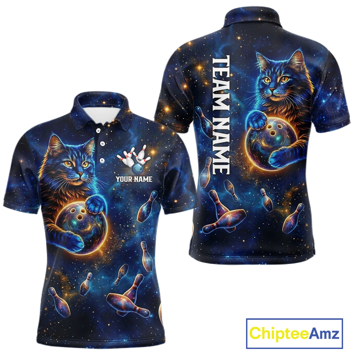 Custom Galaxy Blue Funny Cat Bowling Team Shirt Bowling Jersey Polo & 1/4 Zip Bowling Unisex For Men NYN3123