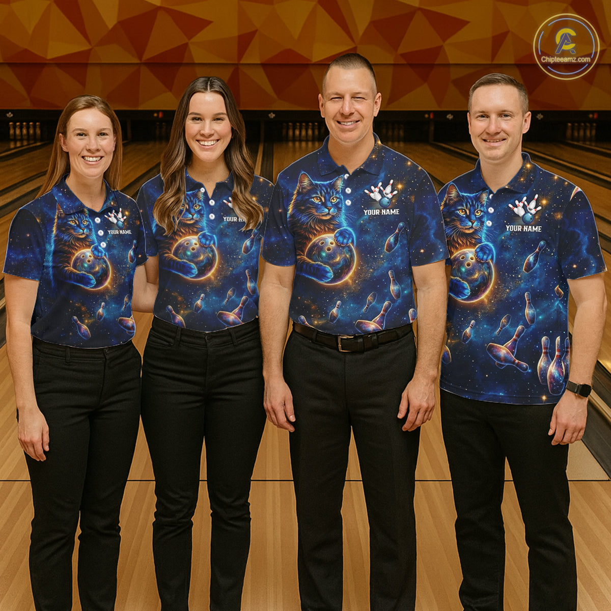 Custom Galaxy Blue Funny Cat Bowling Team Shirt Bowling Jersey Polo & 1/4 Zip Bowling Unisex For Women NYN3123