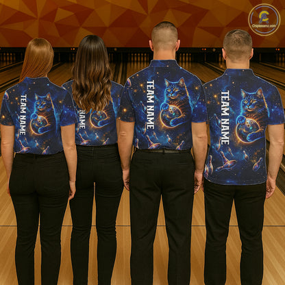 Custom Galaxy Blue Funny Cat Bowling Team Shirt Bowling Jersey Polo & 1/4 Zip Bowling Unisex For Women NYN3123