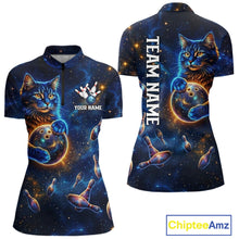 Load image into Gallery viewer, Custom Galaxy Blue Funny Cat Bowling Team Shirt Bowling Jersey Polo &amp; 1/4 Zip Bowling Unisex For Women NYN3123