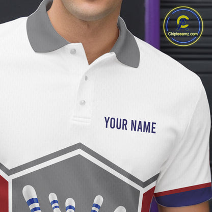 Red, Blue And Gray Bowling Pin Jerseys For Men Custom Bowling Polo 1/4-Zip Shirt, Gift For Bowlers NYN3125
