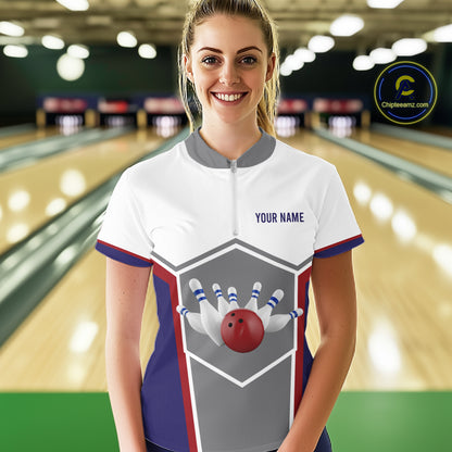 Red, Blue And Gray Bowling Pin Jerseys For Women Custom Bowling Polo 1/4-Zip Shirt, Gift For Bowlers NYN3125